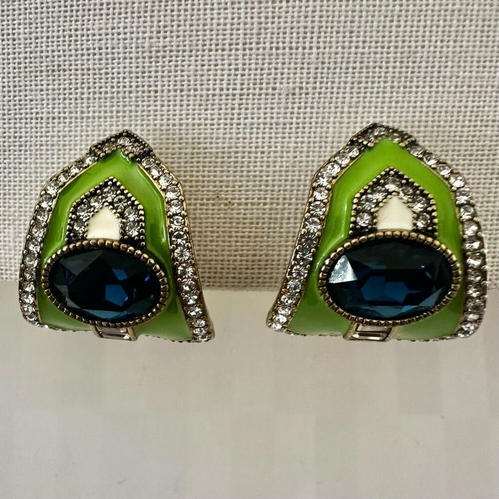 Heidi Daus "Well Connected" Chartreuse Enamel & Blue Crystal Clip-On Earrings